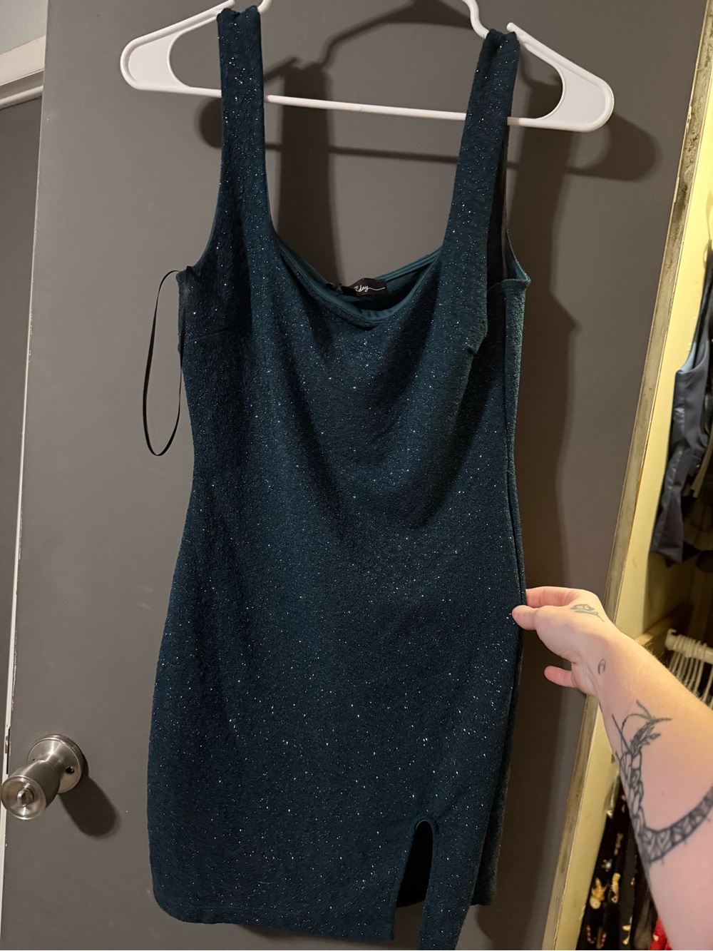 Lovely Day Teal Sparkle Cowl Neck Mini Dress